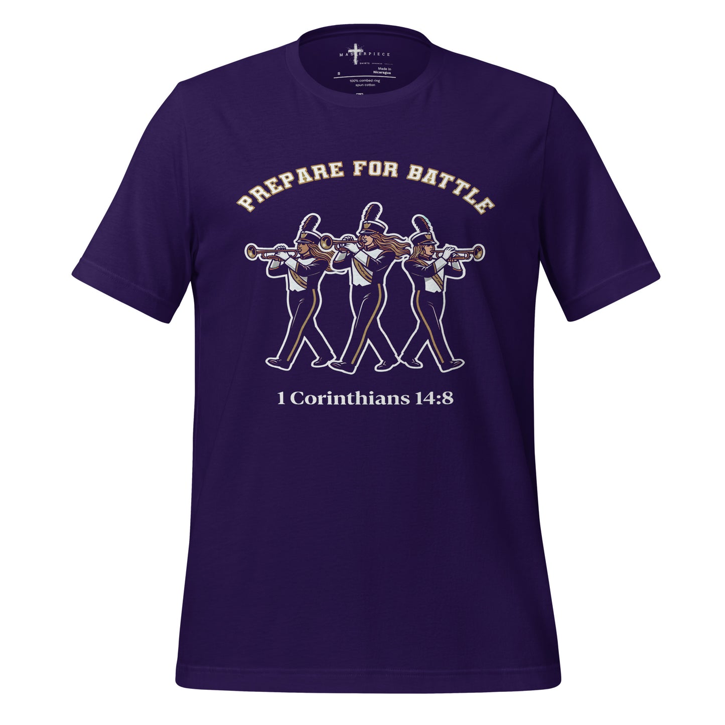  1 Corinthians 14:8 Womens Christian T-shirt celebrating trumpet players and marching band musicians.