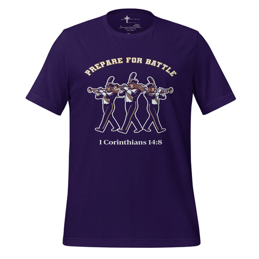  1 Corinthians 14:8 Womens Christian T-shirt celebrating trumpet players and marching band musicians.