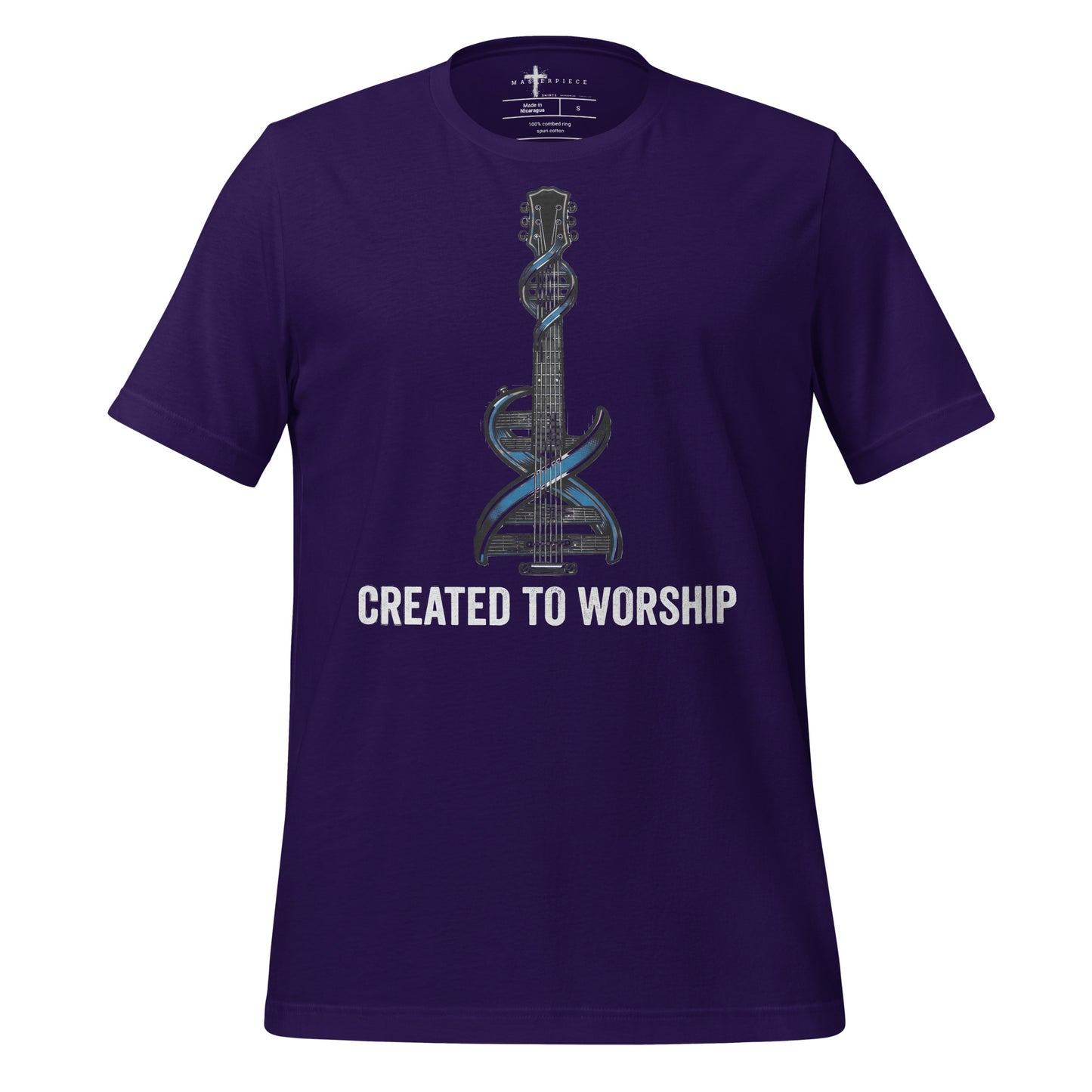 Created to Worship Christian T-shirt featuring electric guitar and DNA symbolism