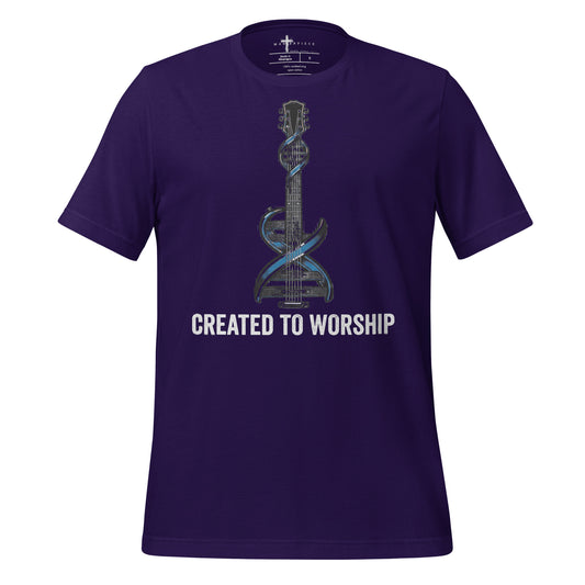  Created to Worship Christian T-shirt featuring electric guitar and DNA symbolism