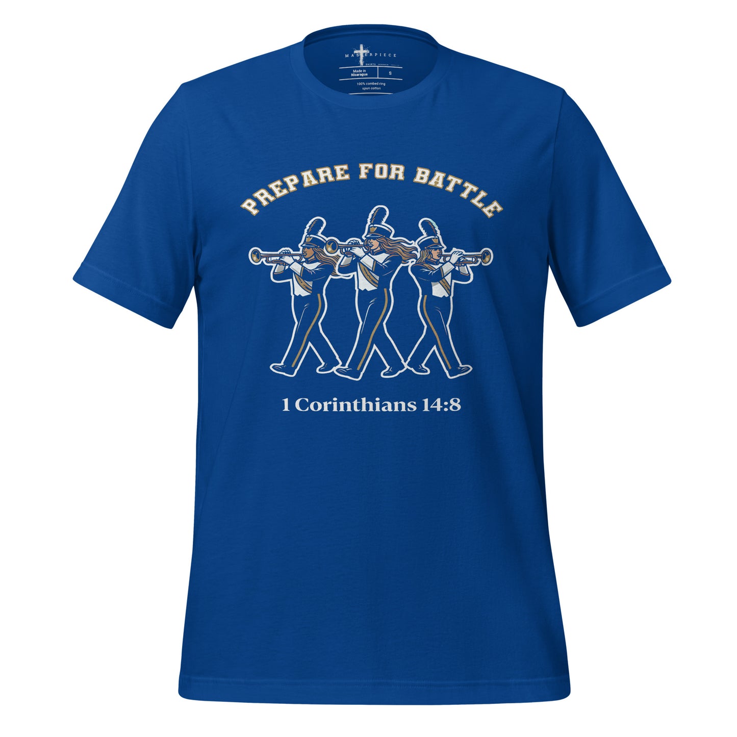  1 Corinthians 14:8 Womens Christian T-shirt celebrating trumpet players and marching band musicians.