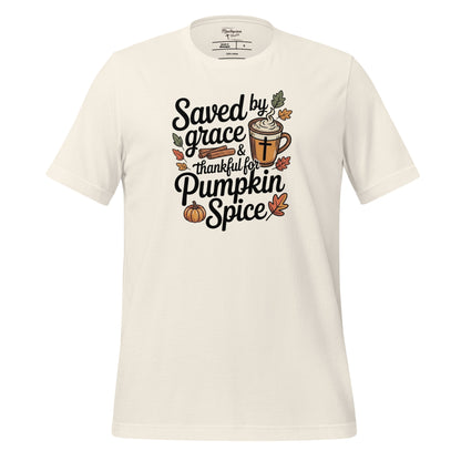Saved by Grace Thankful Pumpkin Spice Ladies Christian T-shirt 
